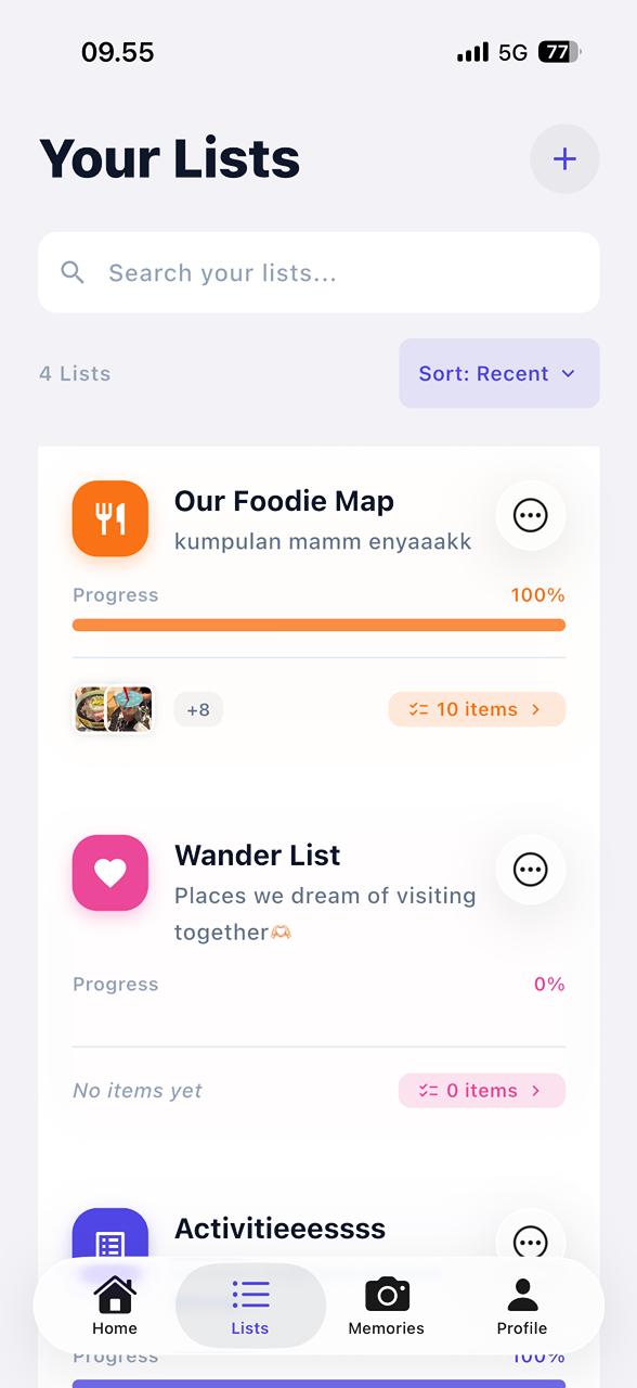 WeDo bucket lists screen